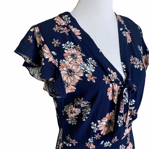 Cupcakes and Cashmere Navy Floral Neck Tie Ruffle Cap Sleeve Mini Dress Womens 6 - Picture 3 of 10